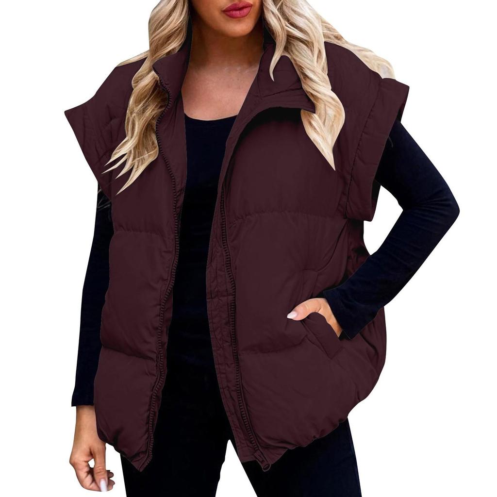 Women's Casual Winter Vest Stand Collar Sleeveless Puffy Jackets Coat With Pockets Winter