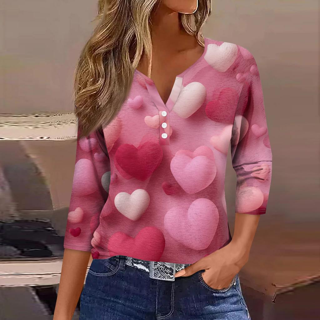 Damen Kragen Valentinstag Print Kurzarm T-Shirt Top