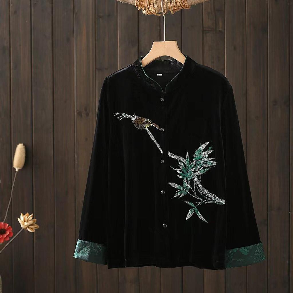 Grandma's Gold Velvet Chinese Style Plus Size Casual Top for Women