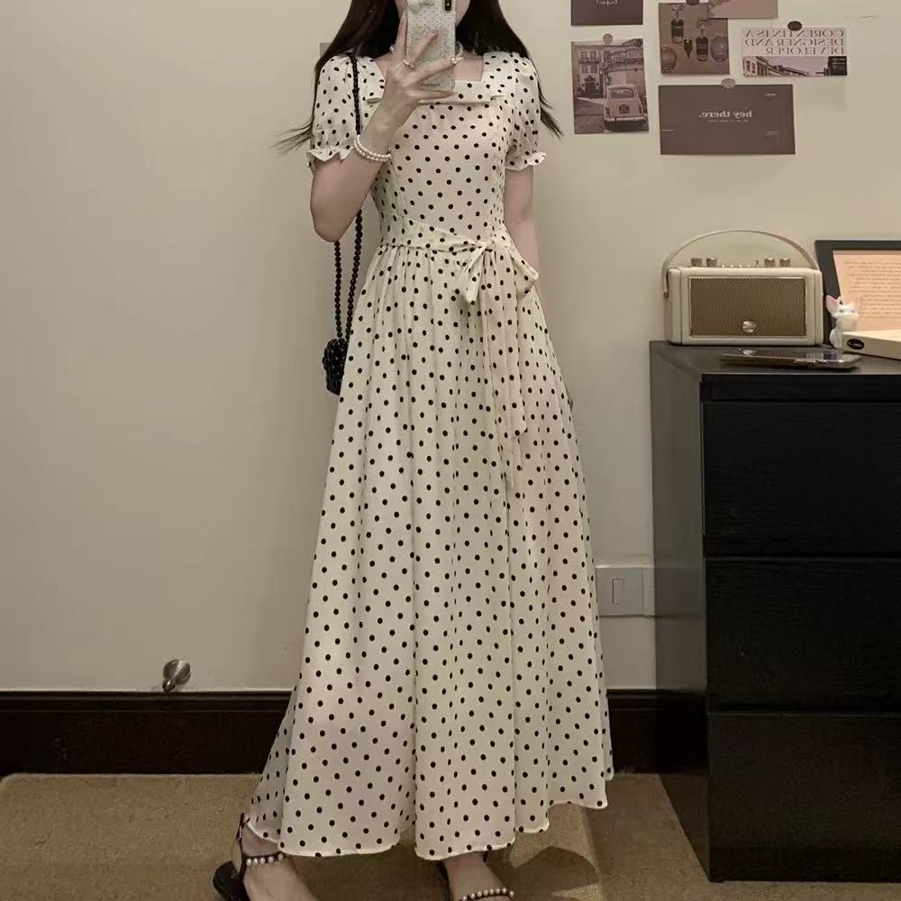 Early spring high-end French square collar polka dot dress children's new summer wear temperament waist dress