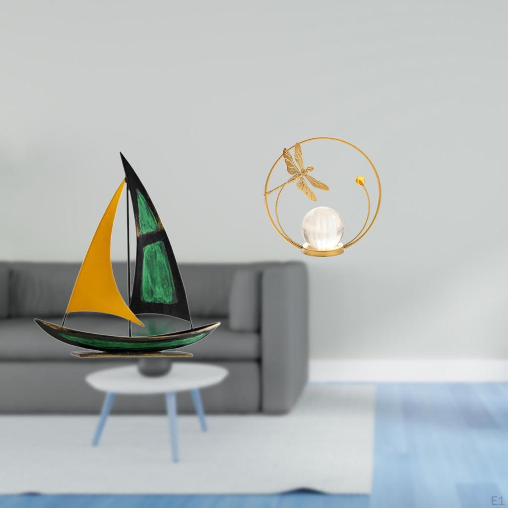 Iron Sailboat Crystal Ball Sculpture Tabletop Ornament Metal Figurine Feng Shui Decor Collection