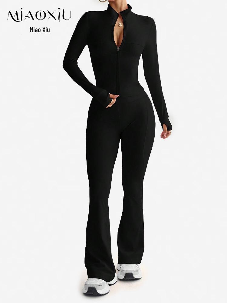 Waist-Cinching Yoga Set: Long-Sleeve Jacket & Butt-Lifting Micro-Flare Pants - Women's Sportswear for Autumn/Winter.