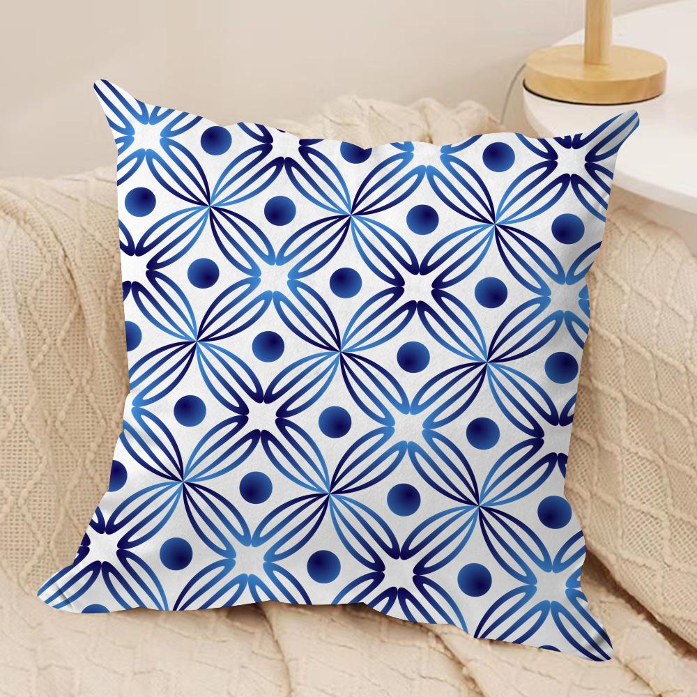 Blue and White Geometric Cushion Cover Short Plush Doublesided Print Square Throw Pillow Covers Sofa Home Cushion Decor