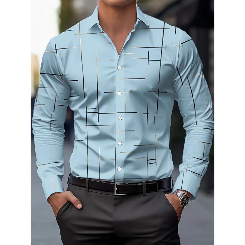 Men's Casual Geometric Print Long Sleeve Shirt - Breathable Button-Up Collared Shirt for Spring & Fall