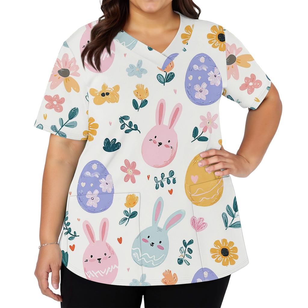 Women's Fashionable V-neck Short-sleeved Work Top With Double Side Slits And Pockets, Featuring Easter Bunny And Egg Prints.