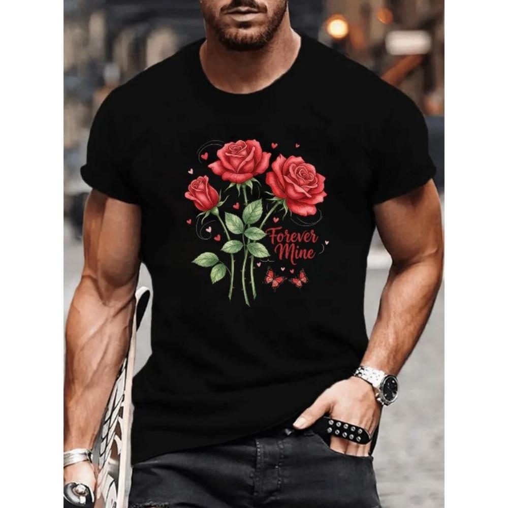 

European Sizes Three Red Roses Paired with _Forever Mine_, a Simple and Fashionable Men s Daily Top, New Arrivals In Spring S