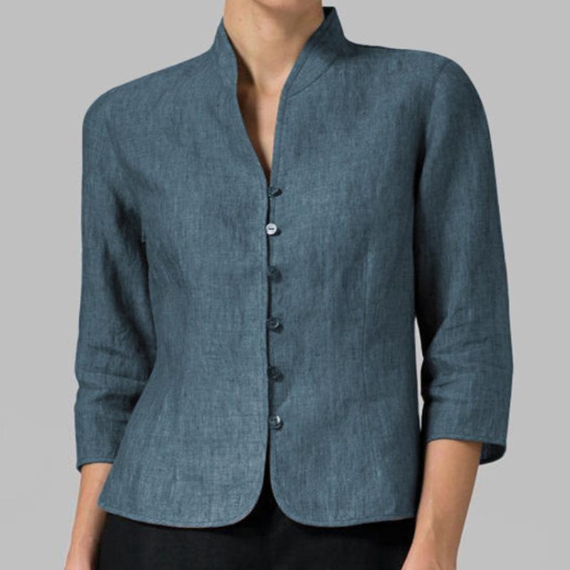 

Женская Сезон Хлопок и Лен Однотонная Маленькая Куртка Приталенного Кроя Обычный Рукав Воротник-стойка Пуговица XL темный сине серый