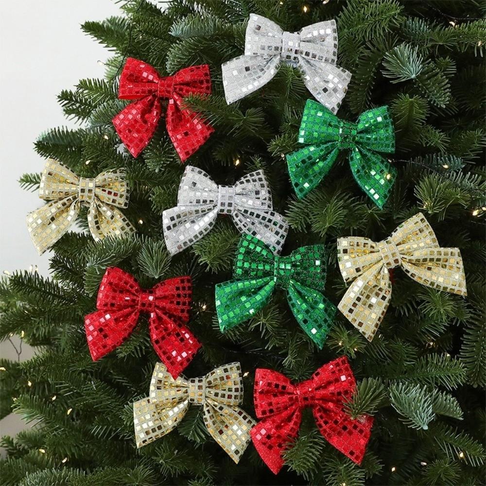 4PCS Vintage Christmas Wreaths Bow Shiny Sequined Xmas Tree Bow Decor Holiday Party