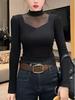 Plus Size Velvet Mesh Patchwork High Neck Long Sleeve Top for Women - Slimming & Versatile Fall/Winter Style for Curvy Figures