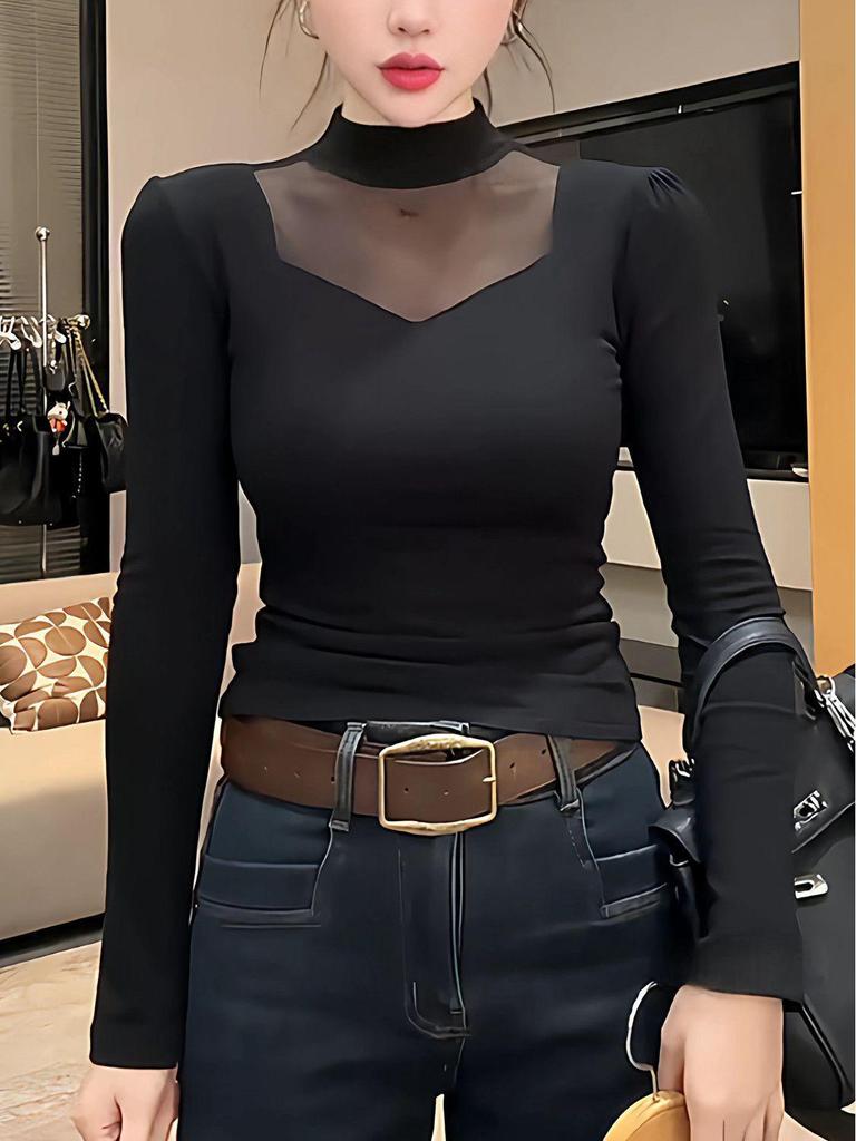 Plus Size Velvet Mesh Patchwork High Neck Long Sleeve Top for Women - Slimming & Versatile Fall/Winter Style for Curvy Figures