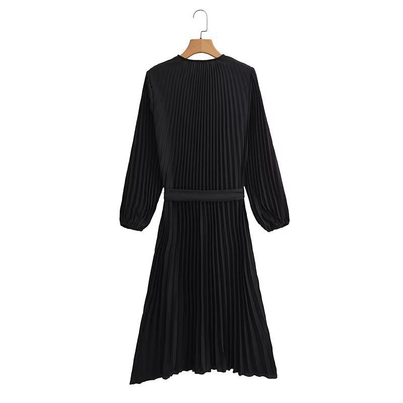 2025 Spring/Autumn Women's Fashion Crew Neck Long Sleeve Belted Pleated Maxi Dress