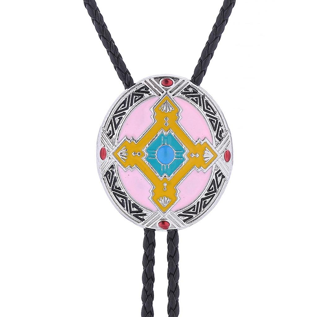 Braided Shoestring Bolo Tie with Engraving Totem Charm Cowboy Necktie Necklace Country Style Bolo Tie Cowboy