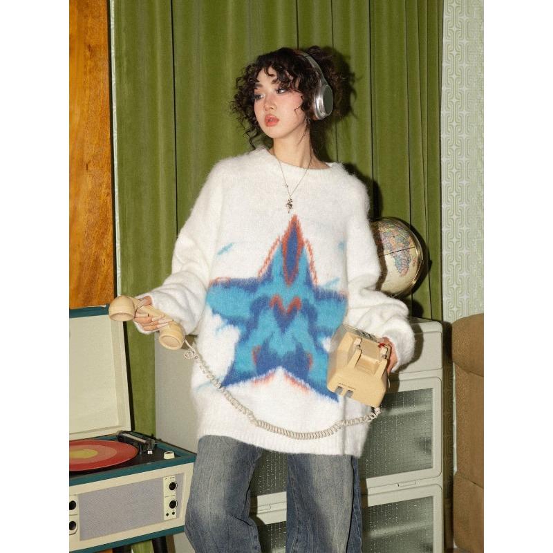 Five Pointed Star Women's Long Sleeved Sweater Round Neck Soft Women's Pullover Sweaters American Style Autumn Loose Woman Top