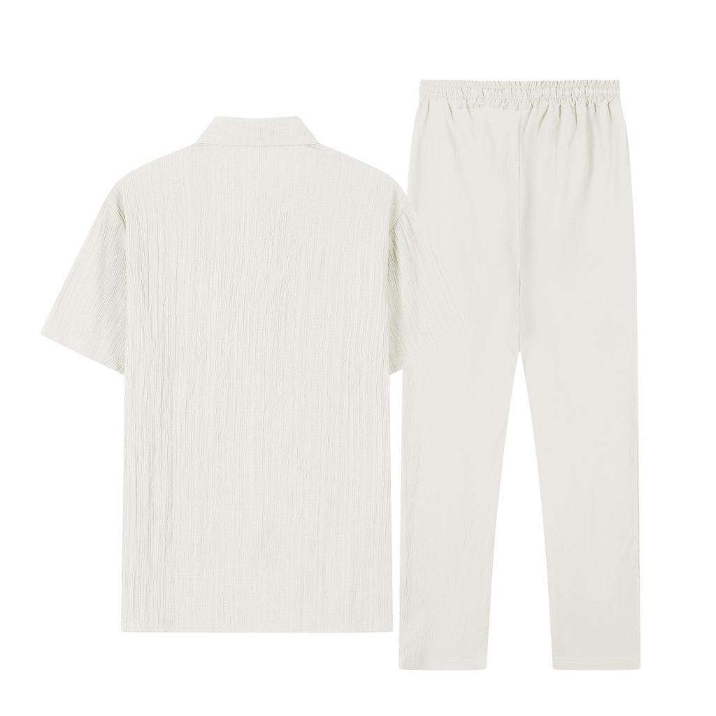 Men's Summer Hawaiian Stripe Textured Button Shirt Trousers Set