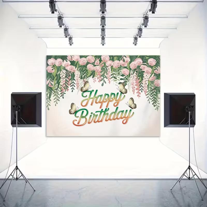 2D Pink Rose Butterfly Happy Birthday Backdrop Floral Photography Background