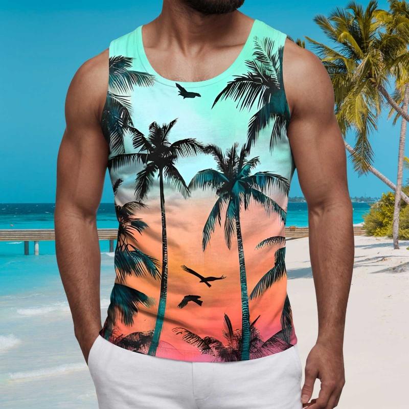 3D Printed Coconut Tree Flowers Men's Tank Tops Gradient Pattern Tees Summer Loose Vacation Street Sports Tops Round Neck Vest