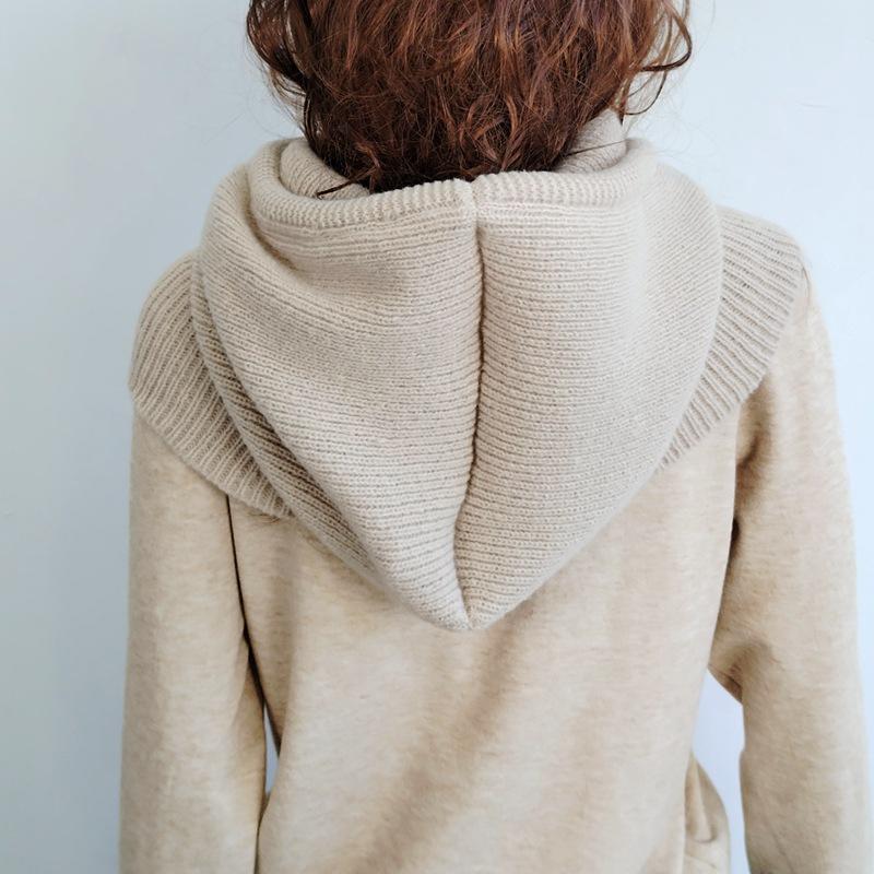 Europäischer Strick-Wollmützen- und Schal-Set für Damen - Mit Kapuze, Ohrenschützend, Verdickter Nackenschal für Herbst/Winter.