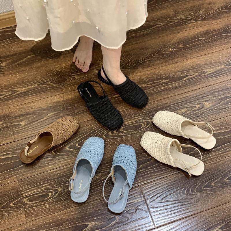 Fashion 2025 Summer Beige Heeled Sandals Straw Shoes Women Shallow Mouth Buckle Strap Black Handmade Fashion Closed Block Flat Open Comf