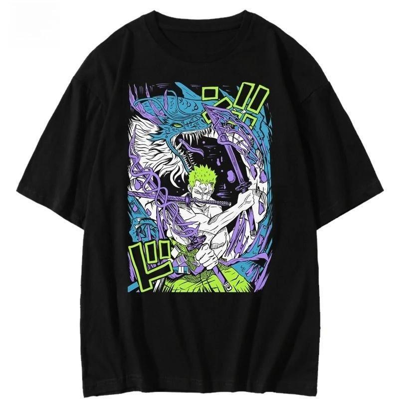

One Piece Roronoa Zoro Three-Sword Dragon Aura Graphic T-Shirt Black Oversized Unisex Anime Streetwear Women And Men T-shirt 4XL
