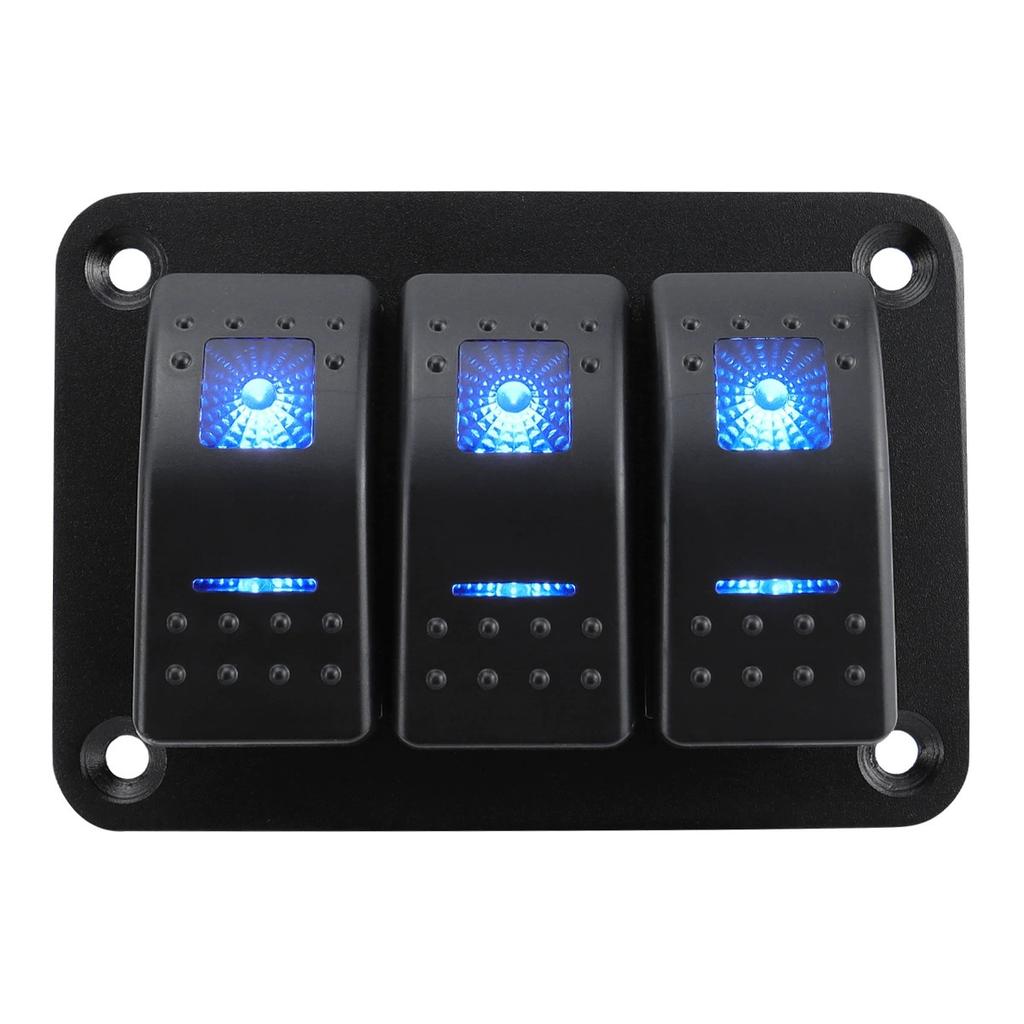 Marine Switch Panel Waterproof 12V 3 Gang Rocker Switch Panel Blue LED for Car Truck Boat RV UTV ATV RZR