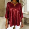 Women's T-shirt Spring Fashion Shiny V-neck Loose Long Sleeve T Shirts Elegant Split Seven Quarter O Neck Solid Color Office Ladies Tee Tops