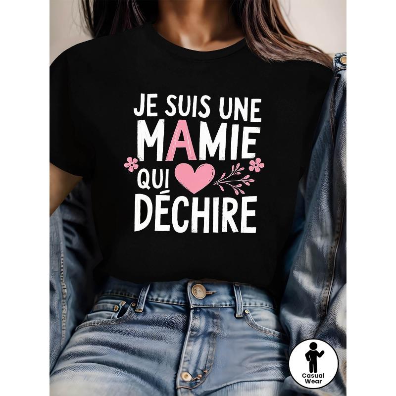 

Women s Plus Size JE SUIS UNE MAMIE QUI DECHIRE Print T-Shirt Casual Crew Neck Short Sleeve Top S чёрный