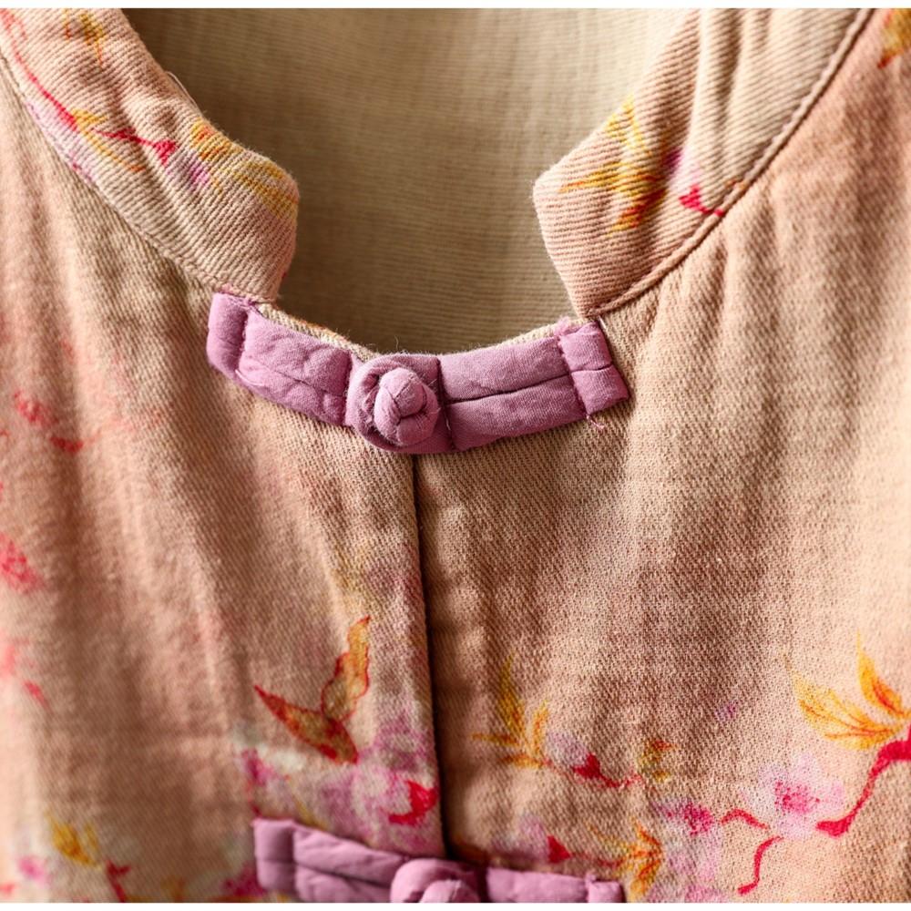 Johnature Damskie Vintage Drukowane Kwiatowe Płaszcze Guziki Zimowe Kieszenie Chiński Styl Damskie Luźne Bezrękawniki