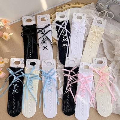 Girls Sweet Inspired Middle Tube Socks Calf Length Socks with Elegant Lace and Bowknot Comfortable and Fashionable