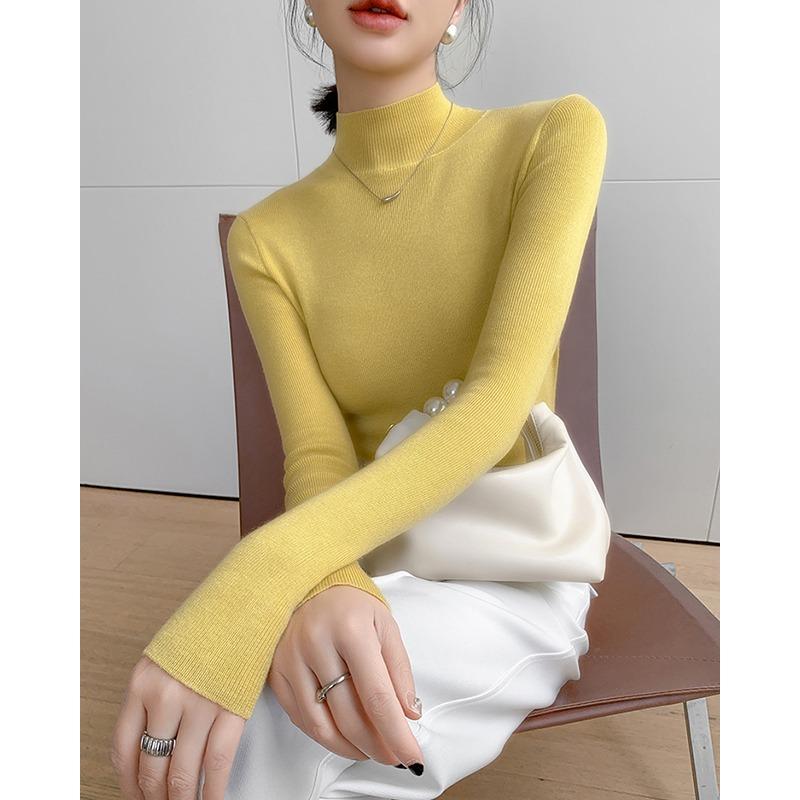 Autumn and Winter Semi High Neck Knitted Sweater Women Long Sleeve Solid Casual Base Sweaters Tops Office Lady Elegant Slim Fit Knitwear Jumper 25049