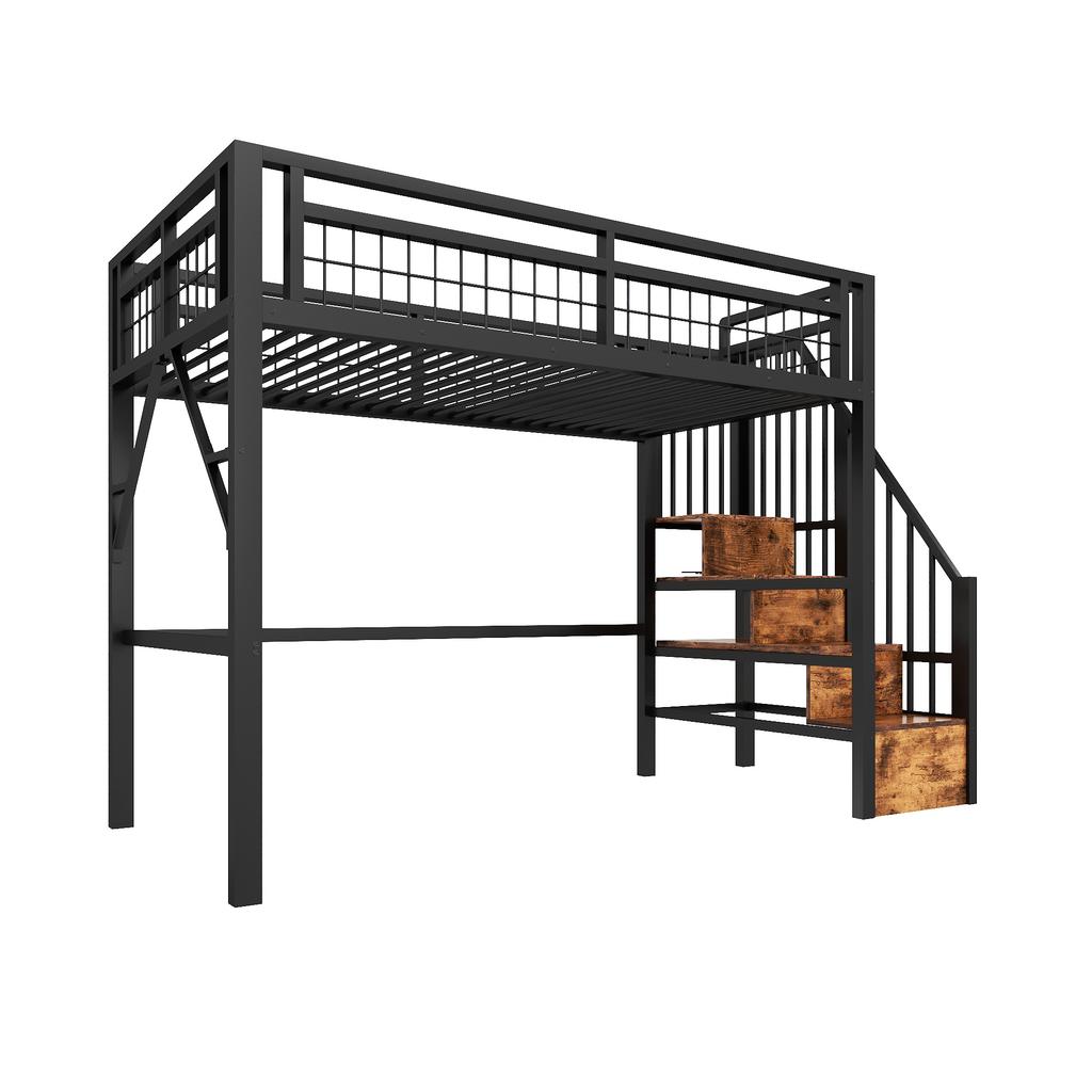 Loft Bed, 90 X 200 Cm, Iron Frame, with LED Light Strip, Staircase Construction with Storage Space, Free Space for Cladding, Without Mattress, Black