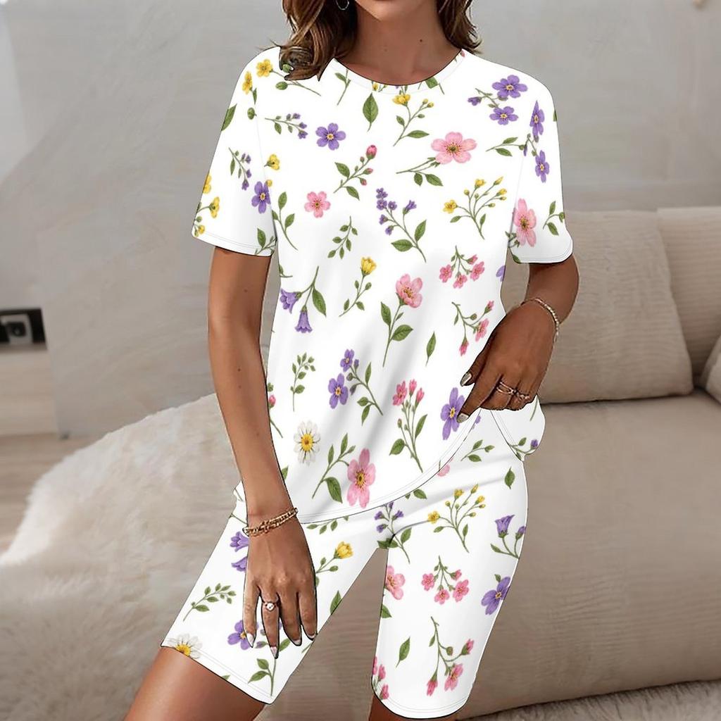 Women Plus Size Printed Round Neck Short Sleeve Longline Top Fitted Shorts Two Piece Set