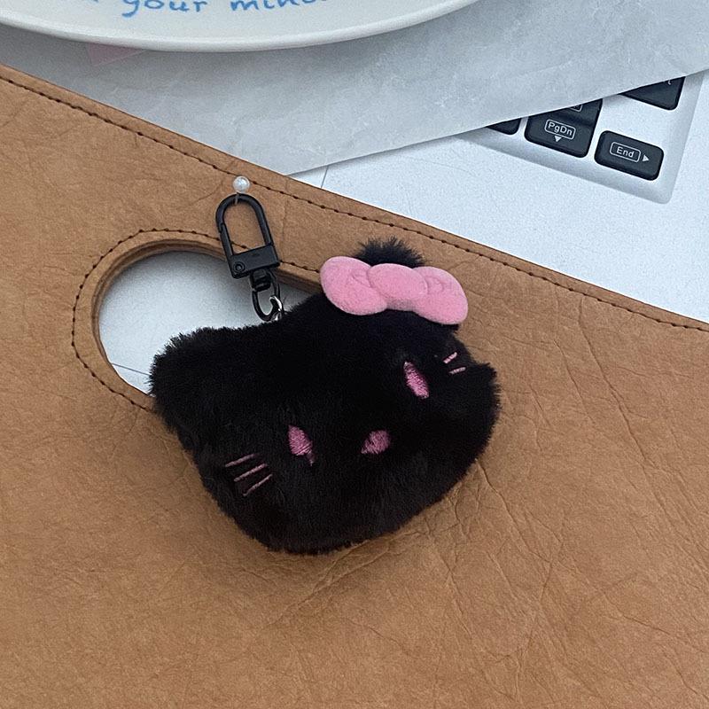 Black Pink Bow Kitty Plush Keychain Accessory