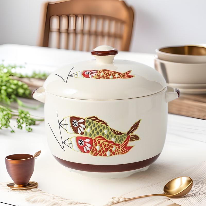 KANGMO 1000 мл Керамическая двойная кастрюля-пароварка с рельефной карпой