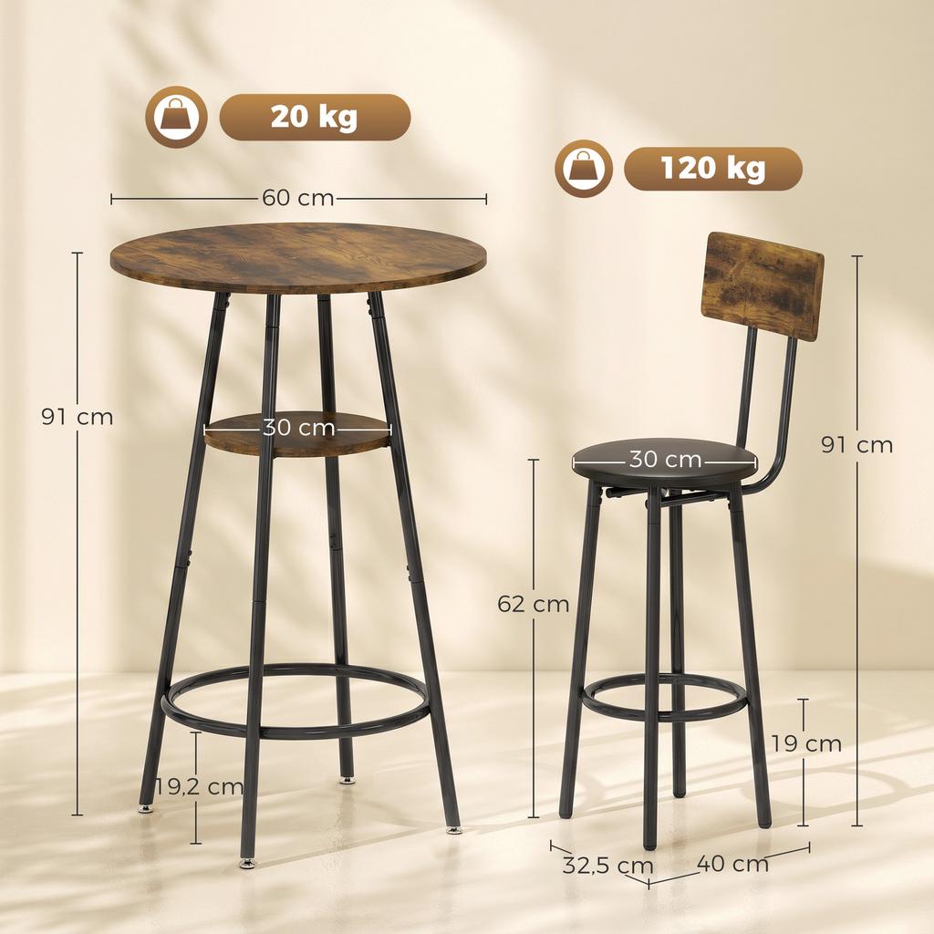 Industrielles Bartisch-Set mit 2 gepolsterten Hockern, Fußstützen, Metallrahmen, Küchentisch mit Regal, Rustikales Braun