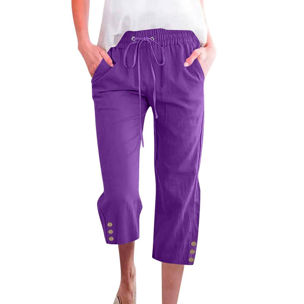 Spring Solid Color Cotton Linen Drawstring Cropped Pants