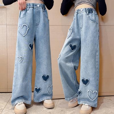 Girls Fashion Casual Love Print Denim Wide Leg Pants