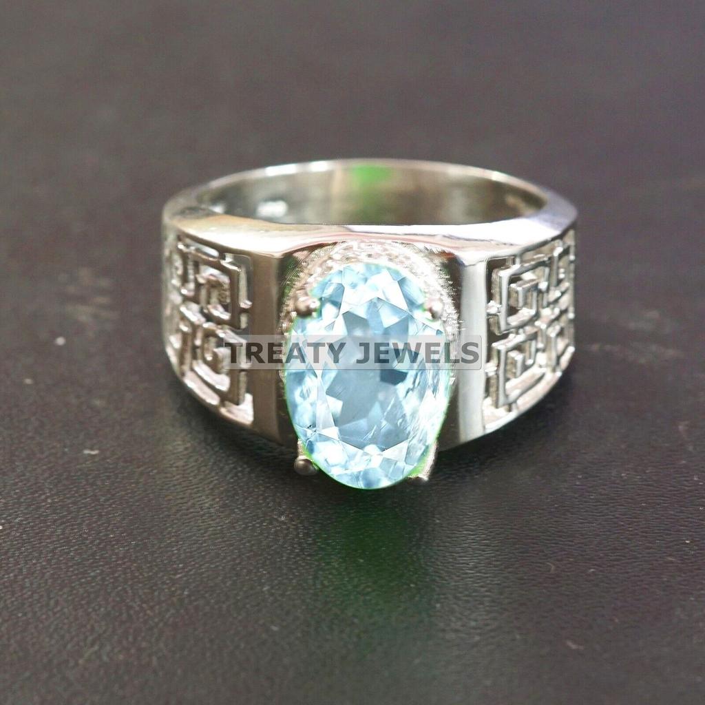 Aquamarine Oval Cut Gemstone With 925 Sterling Silver Ring For Men's #A749 JL375659079154