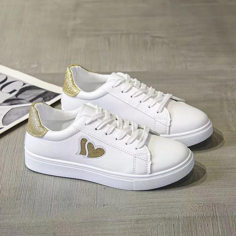 Women's Shoes New Fashion Golden Love Small White Shoes Women Lace-up Comfortable Women's Casual Single Shoes  De Mujer