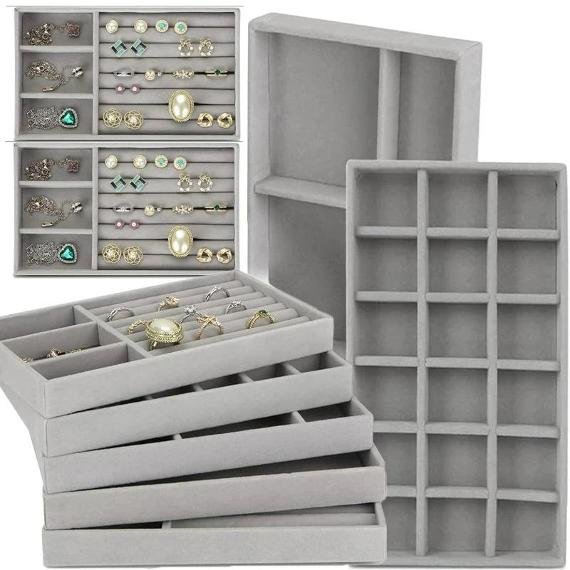 Simple Beige Grey Square Velvet Jewelry Storage Tray Display Ring Bracelet Necklace Storage Box Showcase Drawer Organizer Trays