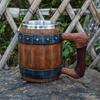 Wood Barrel Beer Mug, 600ml Stainless Steel Liner Stein, Rustic Tankard for Pub Home Bar Pub Party Gift