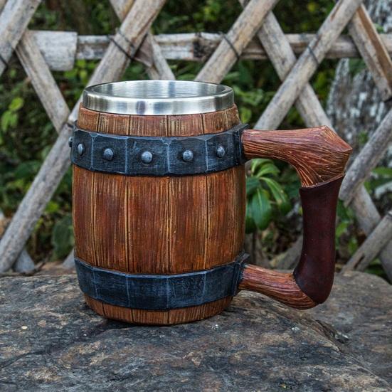 Wood Barrel Beer Mug, 600ml Stainless Steel Liner Stein, Rustic Tankard for Pub Home Bar Pub Party Gift