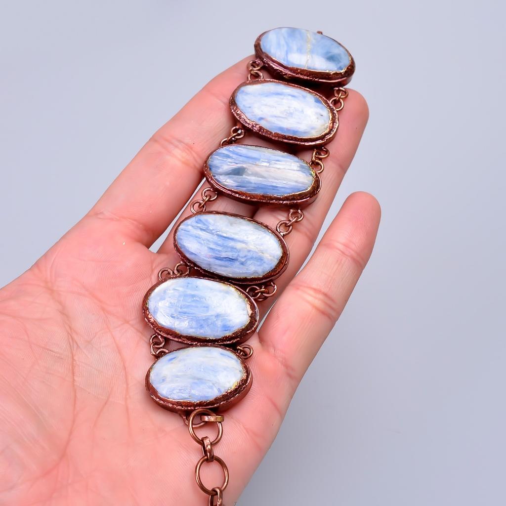 Oval Blue Kyanite Stone Copper Statement Anniversary Gift Electroformed Bracelet V-74