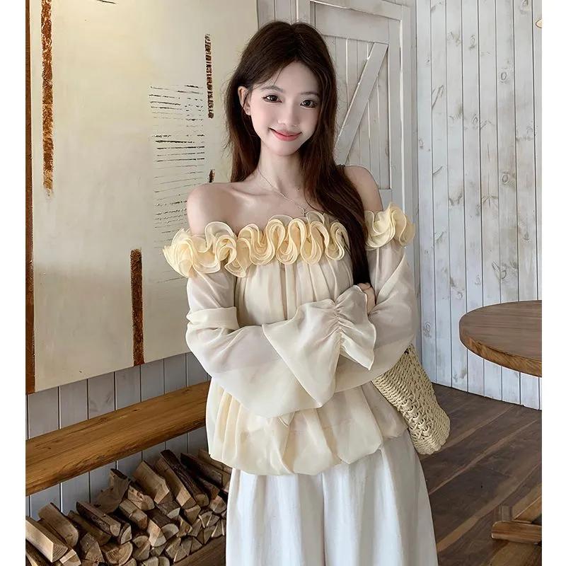 Women's New Gentle Style Retro Curled Slanted Shoulder Long-sleeved Shirt Women's Autumn Loose Slimming Off-the-shoulder Top
