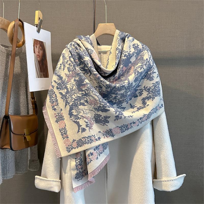 

Роскошный шарф с цветочным принтом для женщин, теплый зимний кашемировый шарф-пашмина, шаль, женский толстый плед, обертывания, фуляр 65x185cm