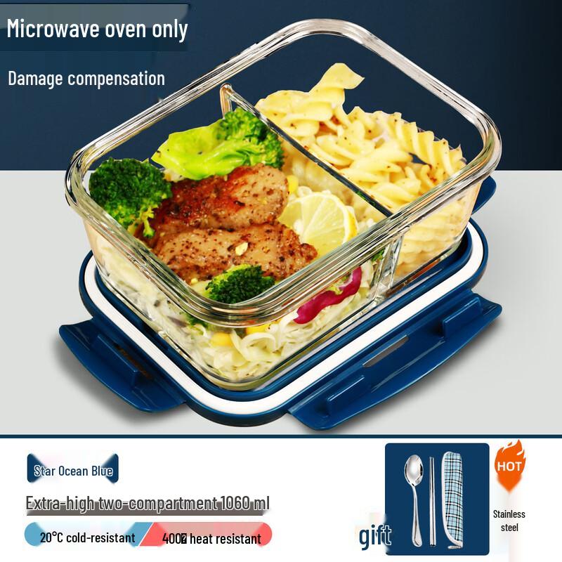 WQ Microwave Safe Glass Lunch Box 1060ml Rectangular with Cutlery
