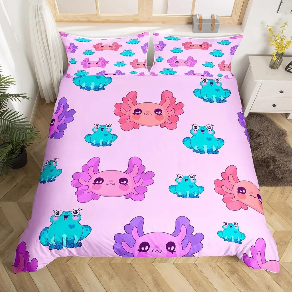 Cartoon Rosa Axolotl Floral King Queen Bettbezug Kawaii Salamander Bettwäscheset 3D Tier Steppdeckenbezug Polyester Bettdeckenbezug