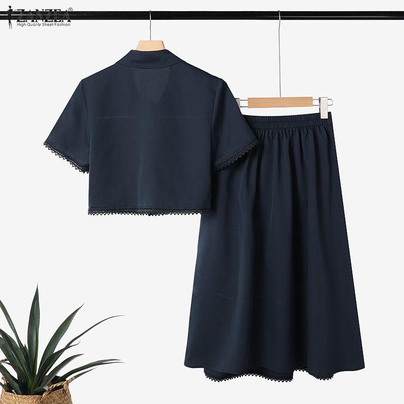 ZANZEA Women Short Sleeve Blouse and A-line Skirts Casual Two Piece Suit Sets