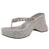 Silver Waterproof Platform Thick-bottomed High-heeled Wedge Slippers Women's 2025 New Summer Outer Wear Rhinestone Sequined Flip-flops