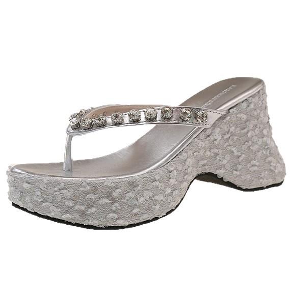 Silver waterproof platform thick-bottomed high-heeled wedge slippers women's 2025 new summer outer wear rhinestone sequined flip-flops