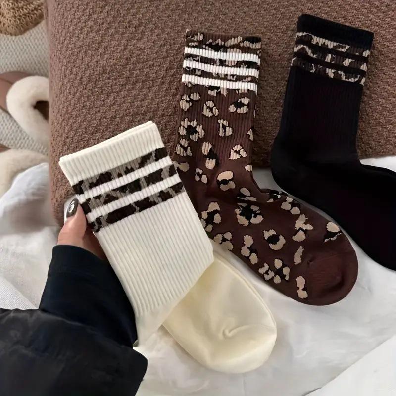 Women's Mid-Calf Socks - Polka Dot & Leopard Print, Trendy Korean Style, Knee-High, Versatile, Non-Slip, Spring/Autumn Fashion.